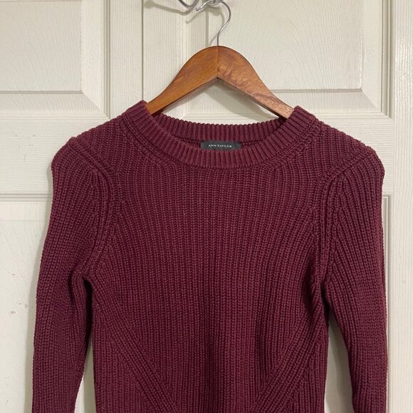 Ann Taylor Womens Maroon Chunky Knit Ribbed Semi Cropped Wool Blend Sweater XS - Picture 3 of 6